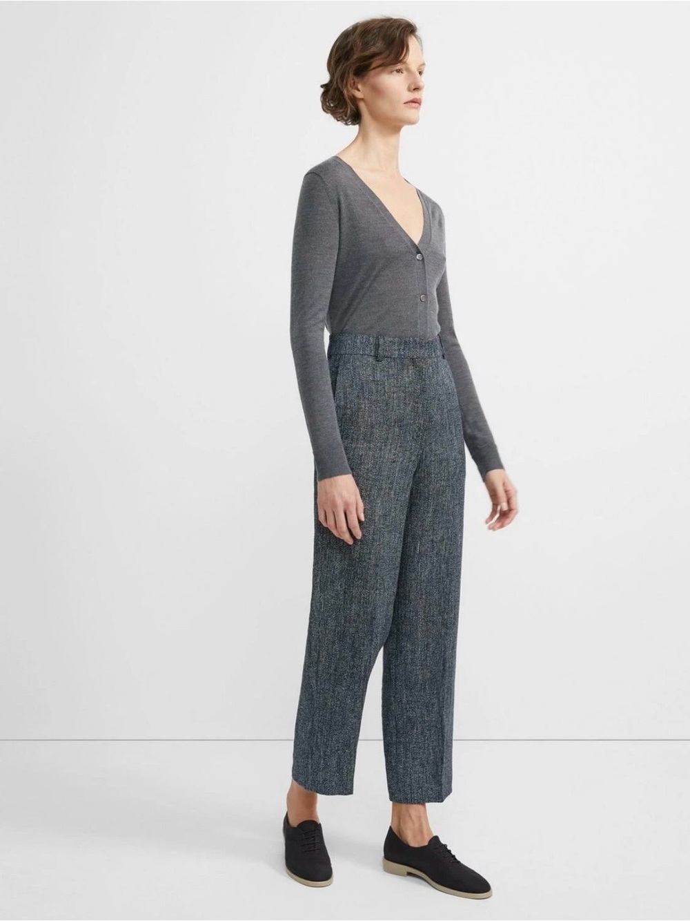 Theory High Waist Straight Leg Pant Herringbone Melange Size 4 Grey - Picture 3 of 14
